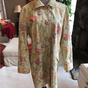 Ann Taylor LOFT Spring Trench Coat Women XLG Pastel Floral Lime Green Lining EUC